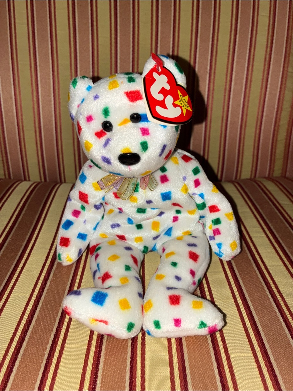 Ty White Plush Confetti Bear with Multicolor Spots